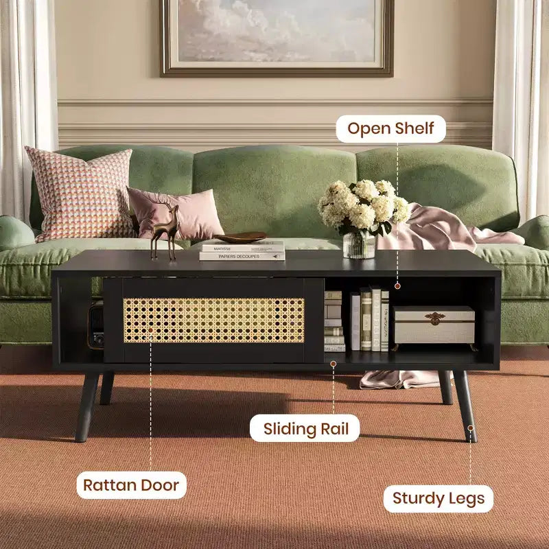 Boho Rattan Coffee Table, 39.4 Modern Coffee Table with Sliding Door and Open Shelf, Waterproof Wooden Living Room Table with Anti-Slip Footpads