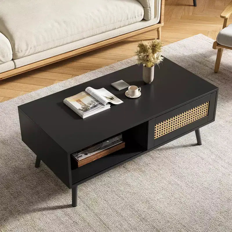 Boho Rattan Coffee Table, 39.4 Modern Coffee Table with Sliding Door and Open Shelf, Waterproof Wooden Living Room Table with Anti-Slip Footpads
