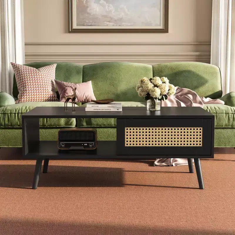 Boho Rattan Coffee Table, 39.4 Modern Coffee Table with Sliding Door and Open Shelf, Waterproof Wooden Living Room Table with Anti-Slip Footpads
