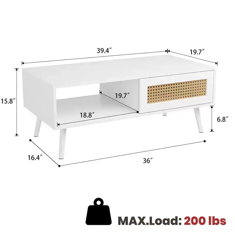 Boho Rattan Coffee Table, 39.4 Modern Coffee Table with Sliding Door and Open Shelf, Waterproof Wooden Living Room Table with Anti-Slip Footpads