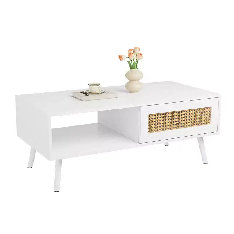 Boho Rattan Coffee Table, 39.4 Modern Coffee Table with Sliding Door and Open Shelf, Waterproof Wooden Living Room Table with Anti-Slip Footpads