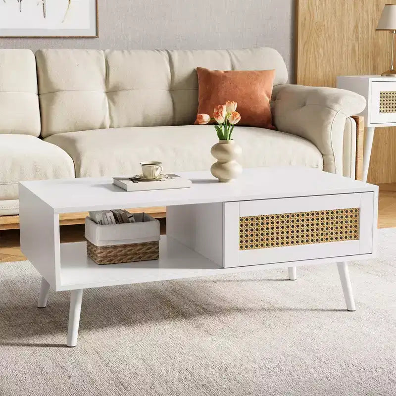 Boho Rattan Coffee Table, 39.4 Modern Coffee Table with Sliding Door and Open Shelf, Waterproof Wooden Living Room Table with Anti-Slip Footpads