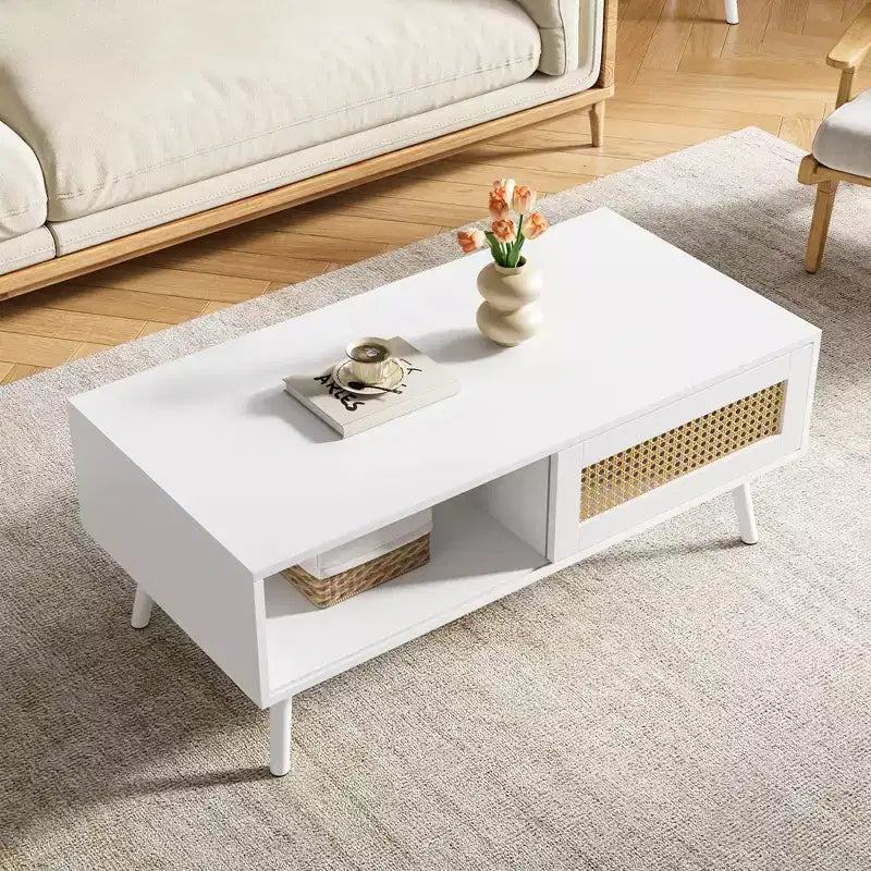 Boho Rattan Coffee Table, 39.4 Modern Coffee Table with Sliding Door and Open Shelf, Waterproof Wooden Living Room Table with Anti-Slip Footpads