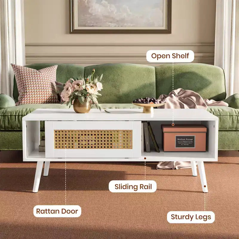 Boho Rattan Coffee Table, 39.4 Modern Coffee Table with Sliding Door and Open Shelf, Waterproof Wooden Living Room Table with Anti-Slip Footpads
