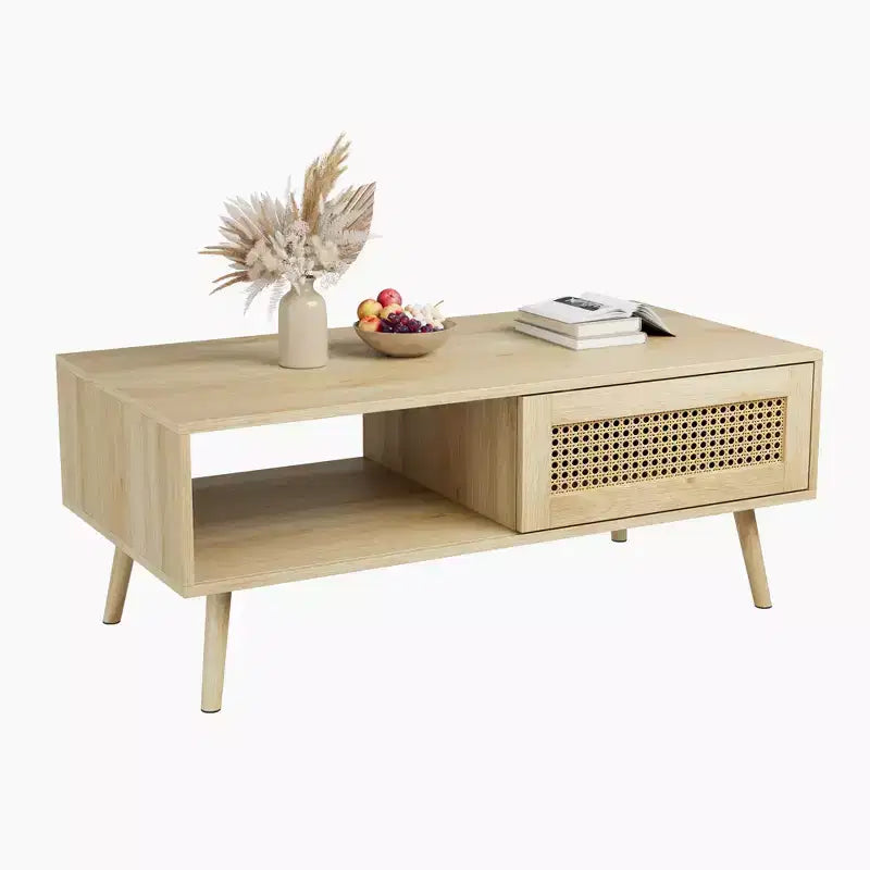 Boho Rattan Coffee Table, 39.4 Modern Coffee Table with Sliding Door and Open Shelf, Waterproof Wooden Living Room Table with Anti-Slip Footpads