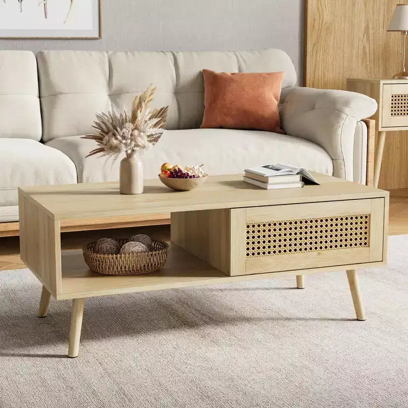 Boho Rattan Coffee Table, 39.4 Modern Coffee Table with Sliding Door and Open Shelf, Waterproof Wooden Living Room Table with Anti-Slip Footpads