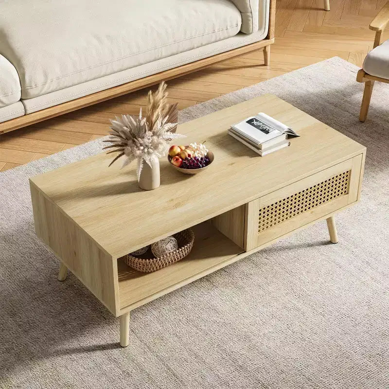 Boho Rattan Coffee Table, 39.4 Modern Coffee Table with Sliding Door and Open Shelf, Waterproof Wooden Living Room Table with Anti-Slip Footpads