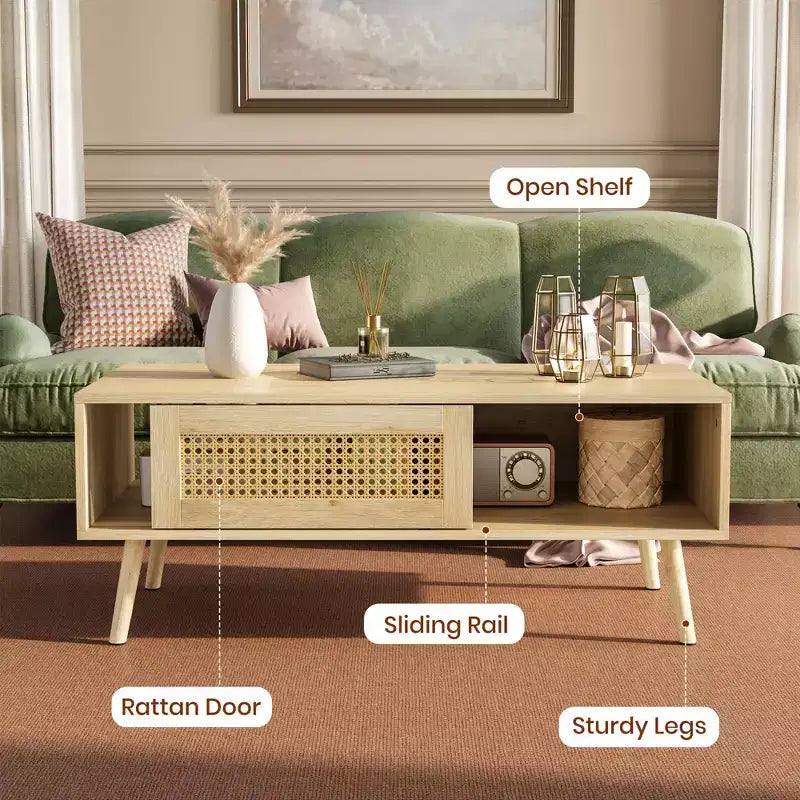 Boho Rattan Coffee Table, 39.4 Modern Coffee Table with Sliding Door and Open Shelf, Waterproof Wooden Living Room Table with Anti-Slip Footpads