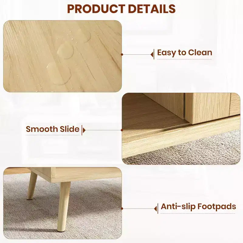 Boho Rattan Coffee Table, 39.4 Modern Coffee Table with Sliding Door and Open Shelf, Waterproof Wooden Living Room Table with Anti-Slip Footpads