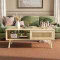 Boho Rattan Coffee Table, 39.4 Modern Coffee Table with Sliding Door and Open Shelf, Waterproof Wooden Living Room Table with Anti-Slip Footpads