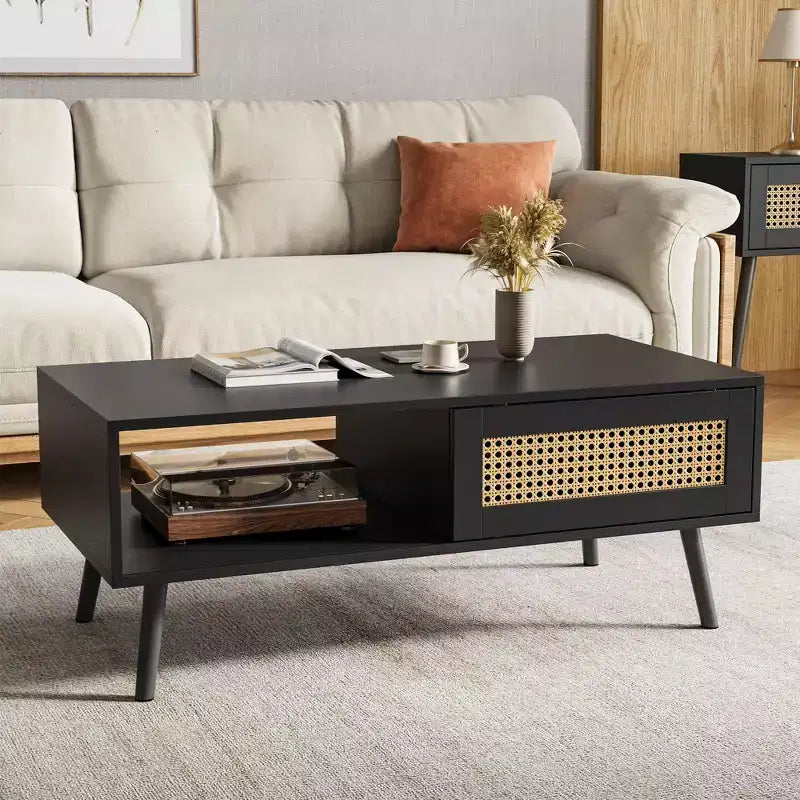 Boho Rattan Coffee Table, 39.4 Modern Coffee Table with Sliding Door and Open Shelf, Waterproof Wooden Living Room Table with Anti-Slip Footpads