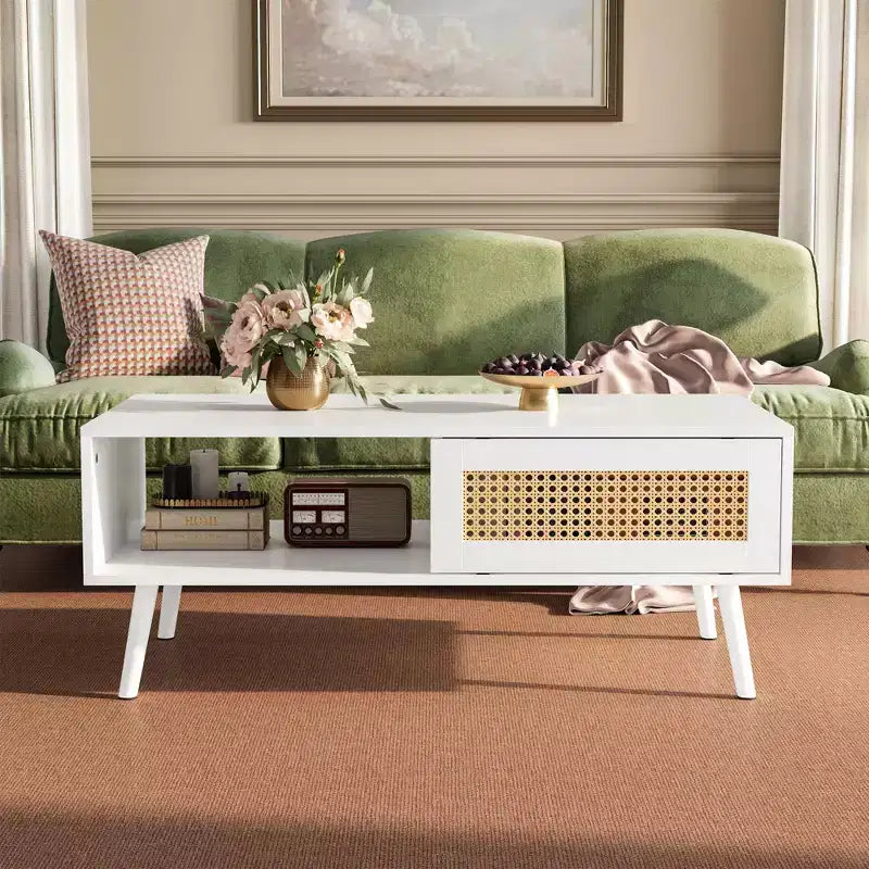 Boho Rattan Coffee Table, 39.4 Modern Coffee Table with Sliding Door and Open Shelf, Waterproof Wooden Living Room Table with Anti-Slip Footpads