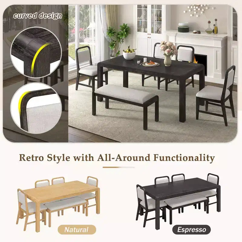 6-Piece Extendable Dining Table Set with 4 Upholstered Chairs & Bench, Seats 4-6