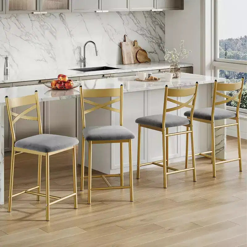 Bar Stools Set of 4, PU Upholstered Bar Chairs, Kitchen Island Chairs with X-Shaped Backrest and Metal Footrest, Black Counter Height Chairs