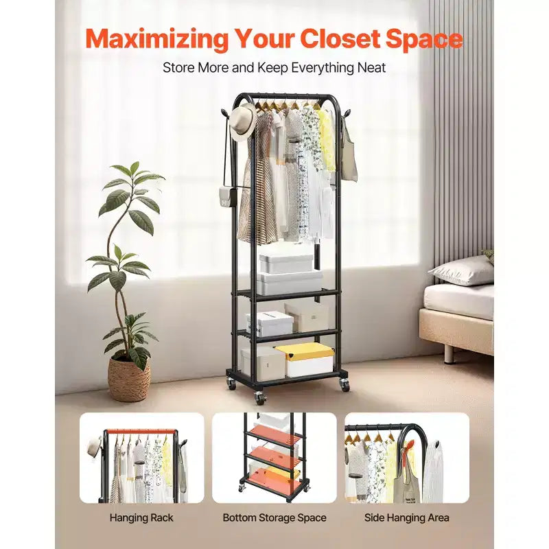VEVOR Clothes Rack, Rolling Clothing Garment Rack with Hanging Rod and Side Hooks, 3 Storage Shelves, 99 lbs Load Capacity, Black