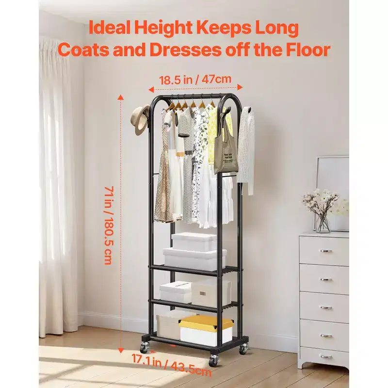 VEVOR Clothes Rack, Rolling Clothing Garment Rack with Hanging Rod and Side Hooks, 3 Storage Shelves, 99 lbs Load Capacity, Black