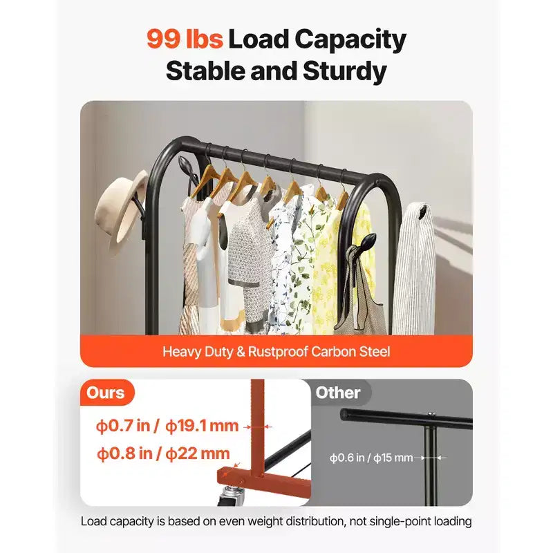 VEVOR Clothes Rack, Rolling Clothing Garment Rack with Hanging Rod and Side Hooks, 3 Storage Shelves, 99 lbs Load Capacity, Black