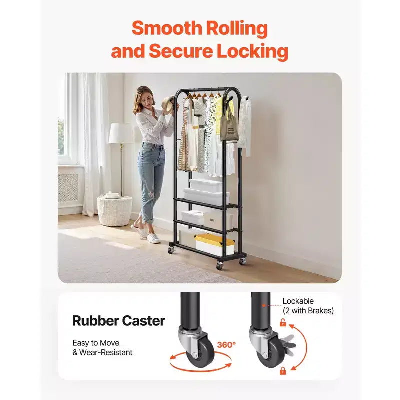VEVOR Clothes Rack, Rolling Clothing Garment Rack with Hanging Rod and Side Hooks, 3 Storage Shelves, 99 lbs Load Capacity, Black