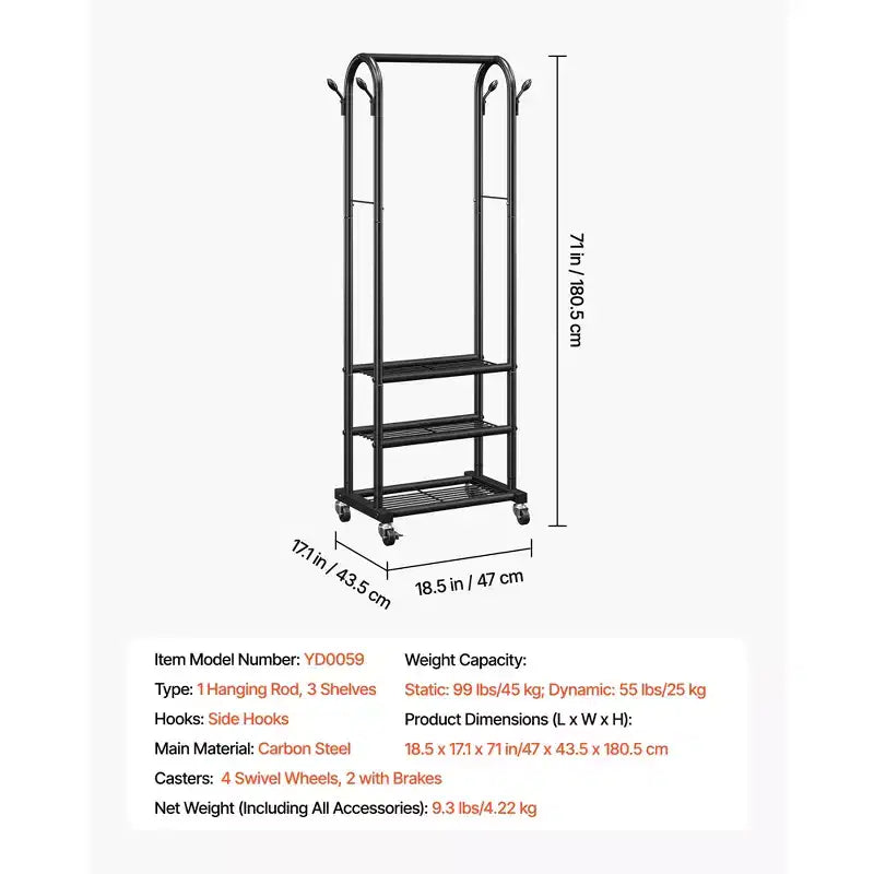 VEVOR Clothes Rack, Rolling Clothing Garment Rack with Hanging Rod and Side Hooks, 3 Storage Shelves, 99 lbs Load Capacity, Black