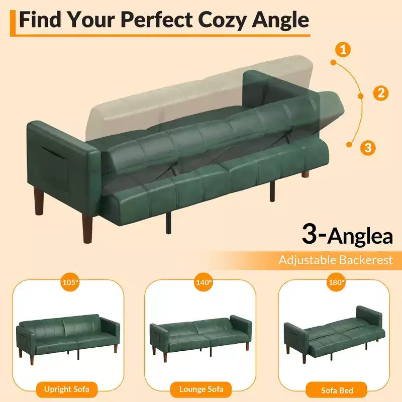 75 Futon Sofa Bed  Modern Faux Leather, Mid-Century Design for Small Spaces, Living Room & Bedroom