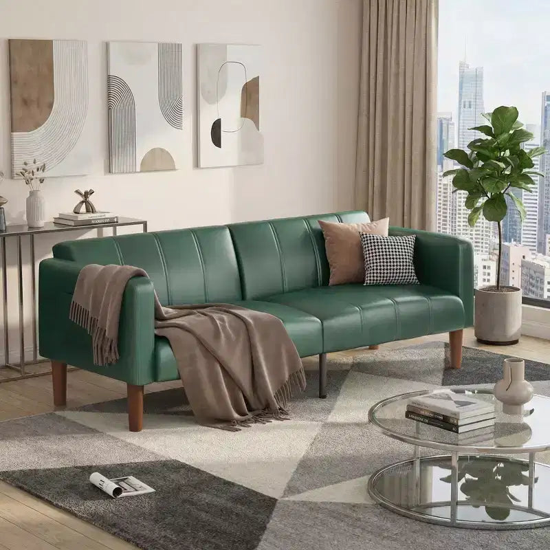 75 Futon Sofa Bed  Modern Faux Leather, Mid-Century Design for Small Spaces, Living Room & Bedroom