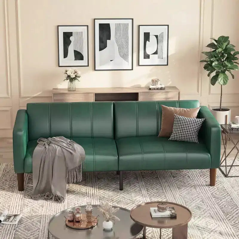 75 Futon Sofa Bed  Modern Faux Leather, Mid-Century Design for Small Spaces, Living Room & Bedroom