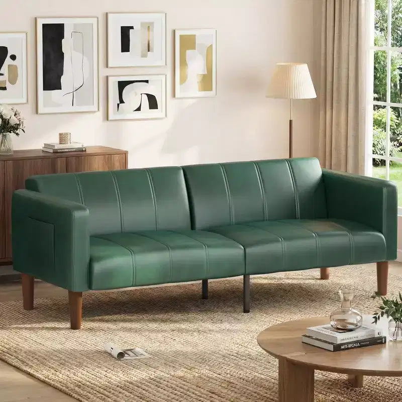 75 Futon Sofa Bed  Modern Faux Leather, Mid-Century Design for Small Spaces, Living Room & Bedroom