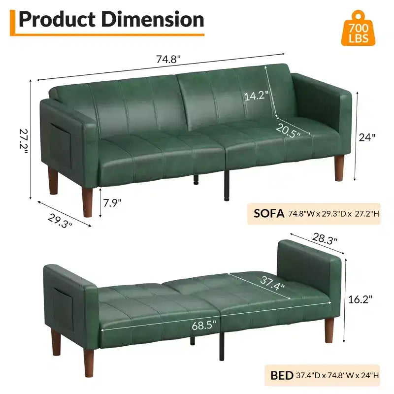 75 Futon Sofa Bed  Modern Faux Leather, Mid-Century Design for Small Spaces, Living Room & Bedroom
