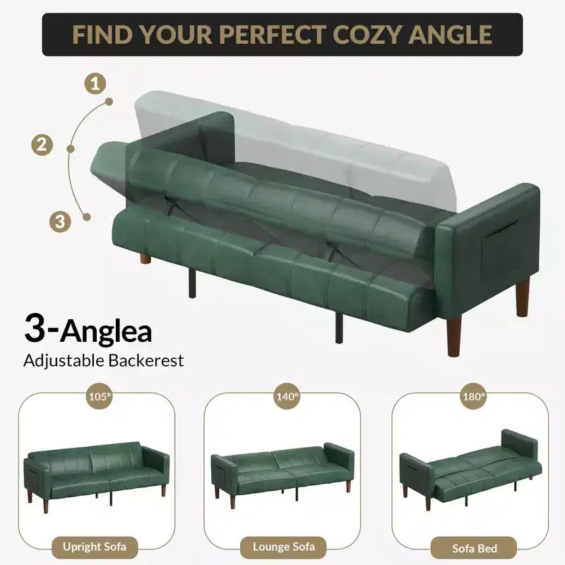 75 Futon Sofa Bed  Modern Faux Leather, Mid-Century Design for Small Spaces, Living Room & Bedroom