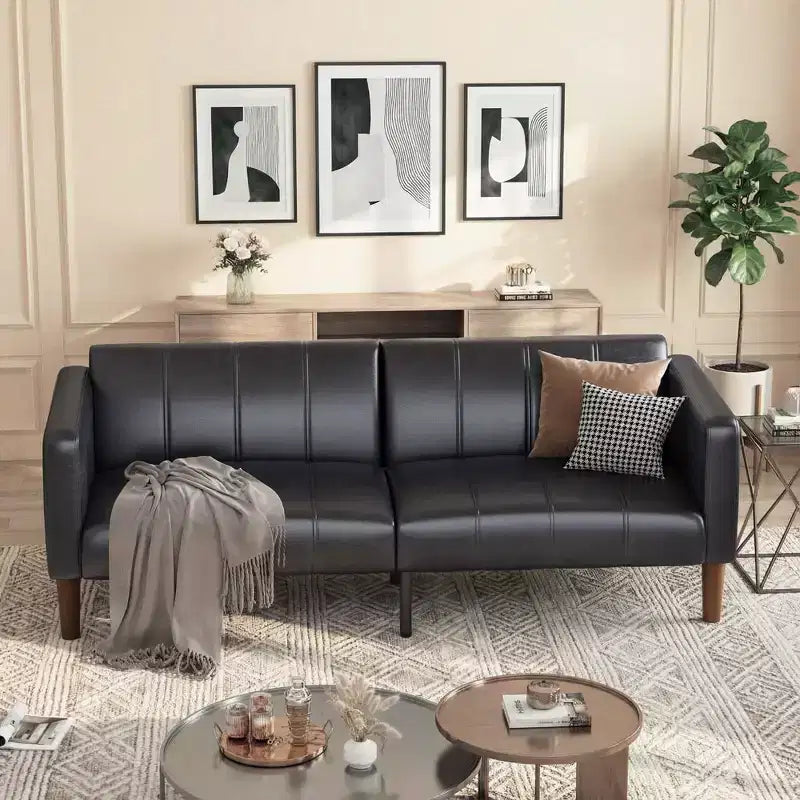 75 Futon Sofa Bed  Modern Faux Leather, Mid-Century Design for Small Spaces, Living Room & Bedroom