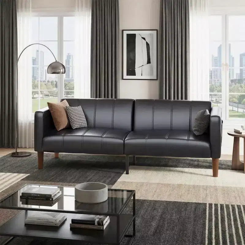 75 Futon Sofa Bed  Modern Faux Leather, Mid-Century Design for Small Spaces, Living Room & Bedroom