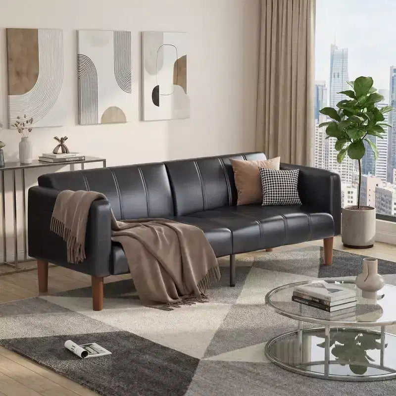 75 Futon Sofa Bed  Modern Faux Leather, Mid-Century Design for Small Spaces, Living Room & Bedroom