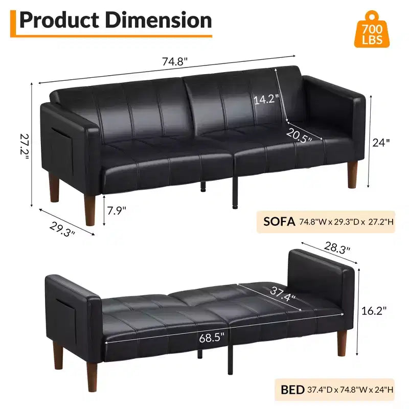 75 Futon Sofa Bed  Modern Faux Leather, Mid-Century Design for Small Spaces, Living Room & Bedroom