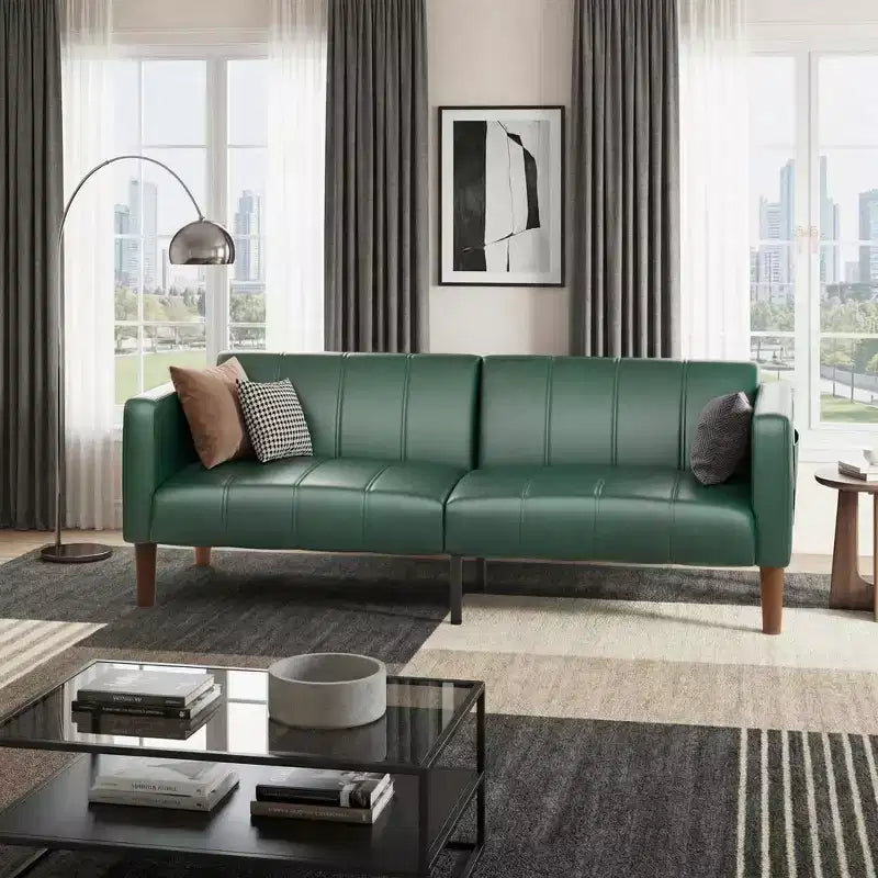 75 Futon Sofa Bed  Modern Faux Leather, Mid-Century Design for Small Spaces, Living Room & Bedroom