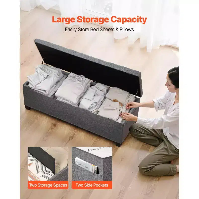 VEVOR Storage Ottoman Bench, Button-Tufted End of Bed Bench with Side Bags, Flip-up Upholstered Storage Chest with Metal Frame,Linen Bed Ottoman, Grey