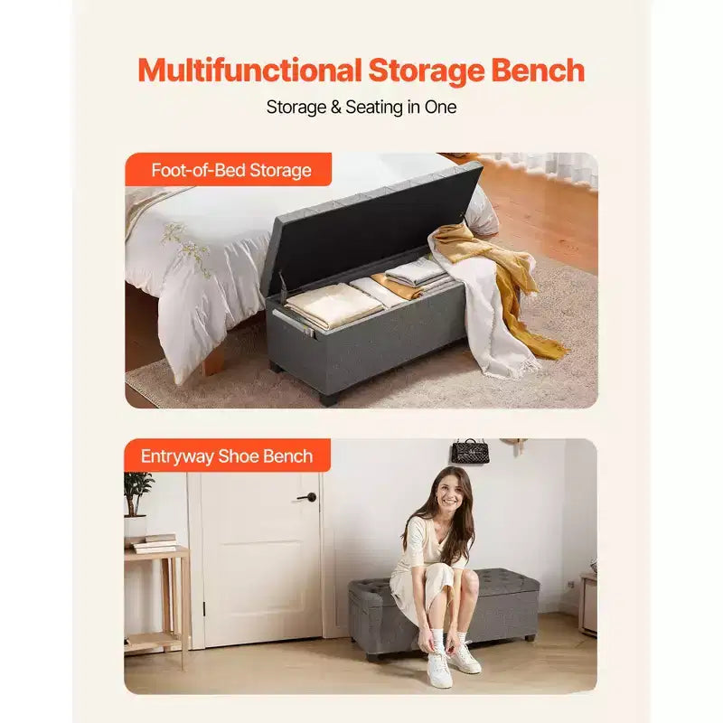 VEVOR Storage Ottoman Bench, Button-Tufted End of Bed Bench with Side Bags, Flip-up Upholstered Storage Chest with Metal Frame,Linen Bed Ottoman, Grey
