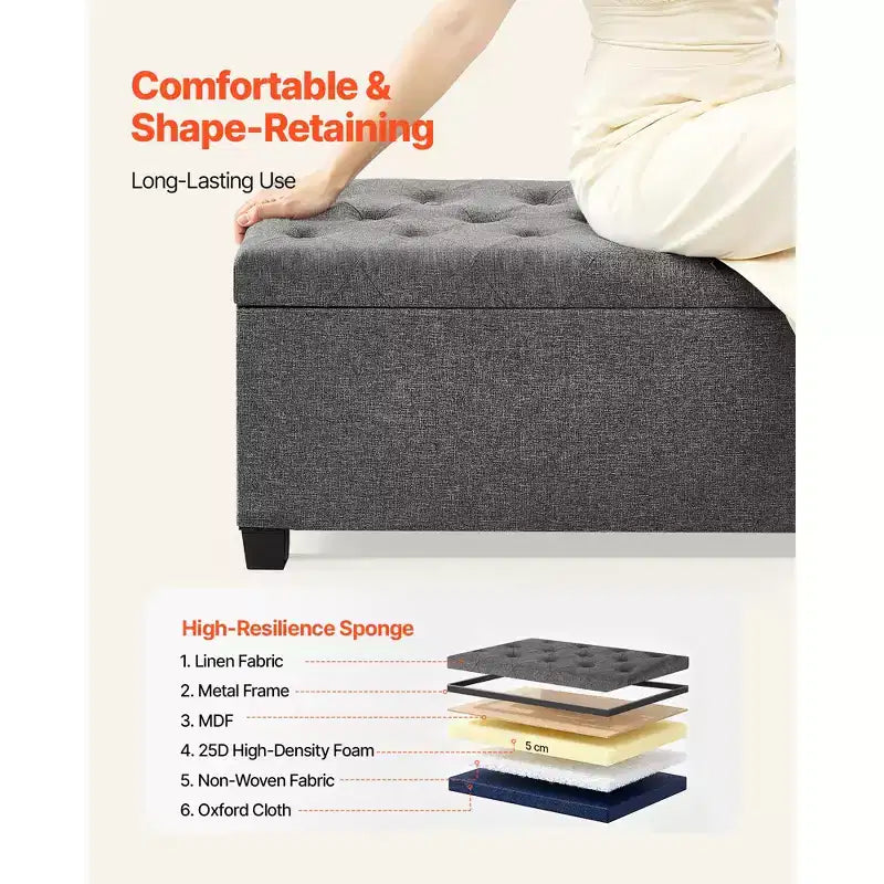 VEVOR Storage Ottoman Bench, Button-Tufted End of Bed Bench with Side Bags, Flip-up Upholstered Storage Chest with Metal Frame,Linen Bed Ottoman, Grey