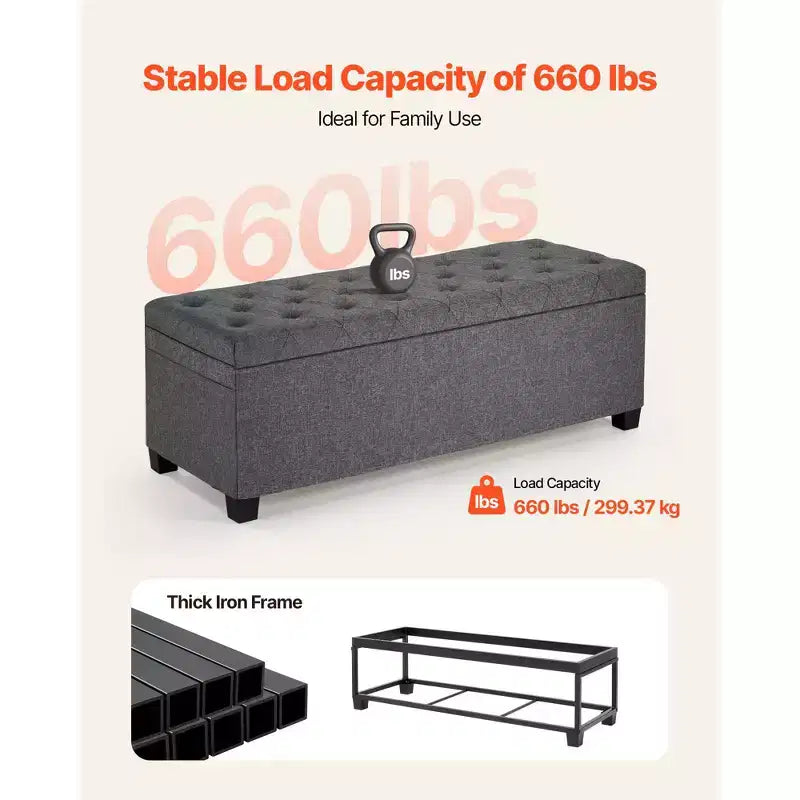 VEVOR Storage Ottoman Bench, Button-Tufted End of Bed Bench with Side Bags, Flip-up Upholstered Storage Chest with Metal Frame,Linen Bed Ottoman, Grey