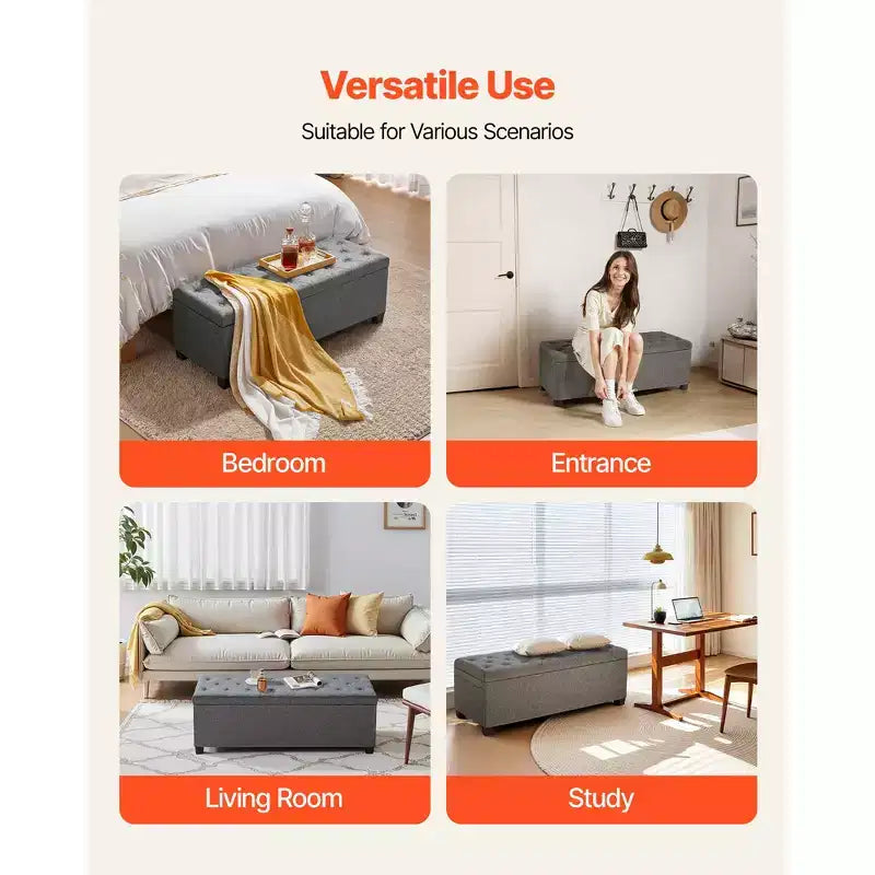 VEVOR Storage Ottoman Bench, Button-Tufted End of Bed Bench with Side Bags, Flip-up Upholstered Storage Chest with Metal Frame,Linen Bed Ottoman, Grey