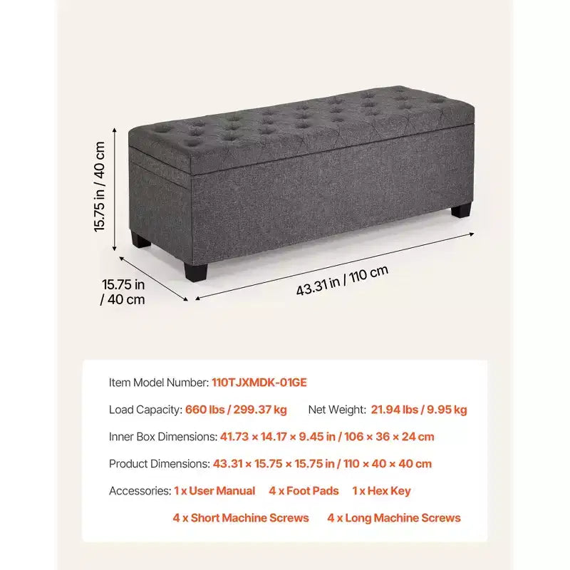 VEVOR Storage Ottoman Bench, Button-Tufted End of Bed Bench with Side Bags, Flip-up Upholstered Storage Chest with Metal Frame,Linen Bed Ottoman, Grey
