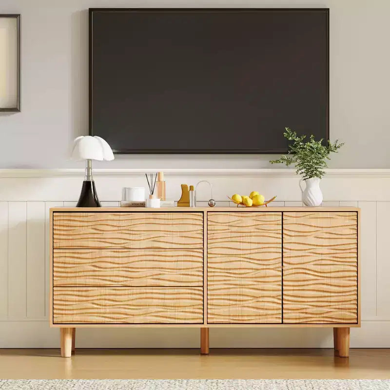 61 Mid Century Sideboard Buffet Cabinet with Undulating Groove - 3 Drawers & Adjustable Shelf for Kitchen Dining Living Room - Teak Brown
