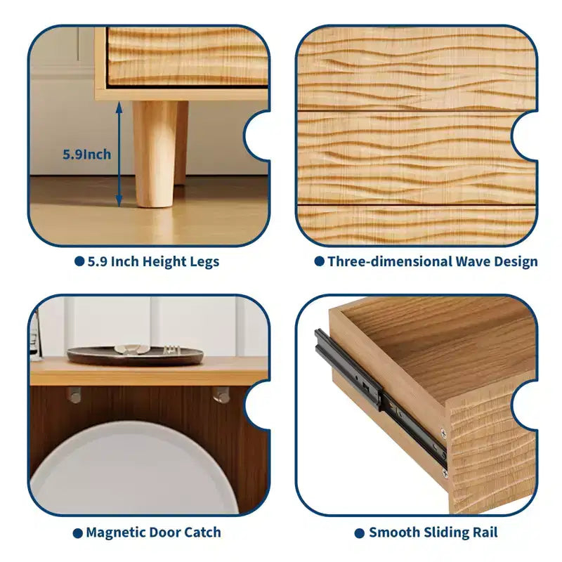 61 Mid Century Sideboard Buffet Cabinet with Undulating Groove - 3 Drawers & Adjustable Shelf for Kitchen Dining Living Room - Teak Brown