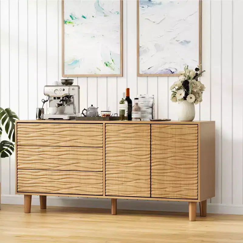 61 Mid Century Sideboard Buffet Cabinet with Undulating Groove - 3 Drawers & Adjustable Shelf for Kitchen Dining Living Room - Teak Brown