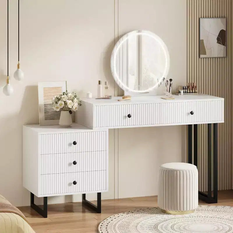 Modern Makeup Vanity Desk with Mirror, Lights & 5 Drawers,Bedroom Vanity Organizer