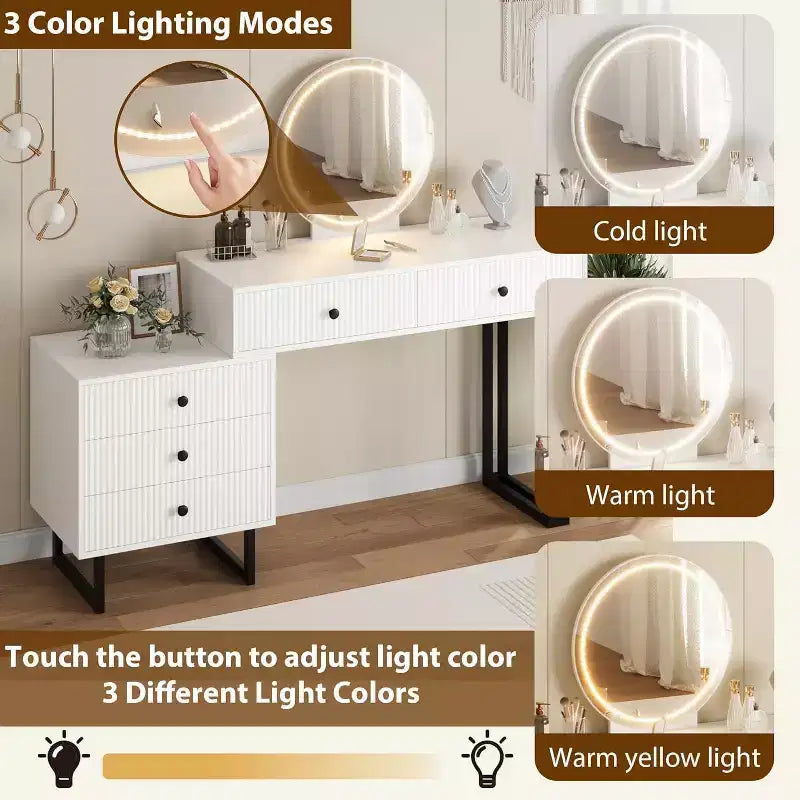 Modern Makeup Vanity Desk with Mirror, Lights & 5 Drawers,Bedroom Vanity Organizer