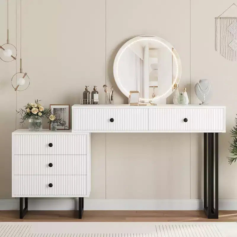 Modern Makeup Vanity Desk with Mirror, Lights & 5 Drawers,Bedroom Vanity Organizer