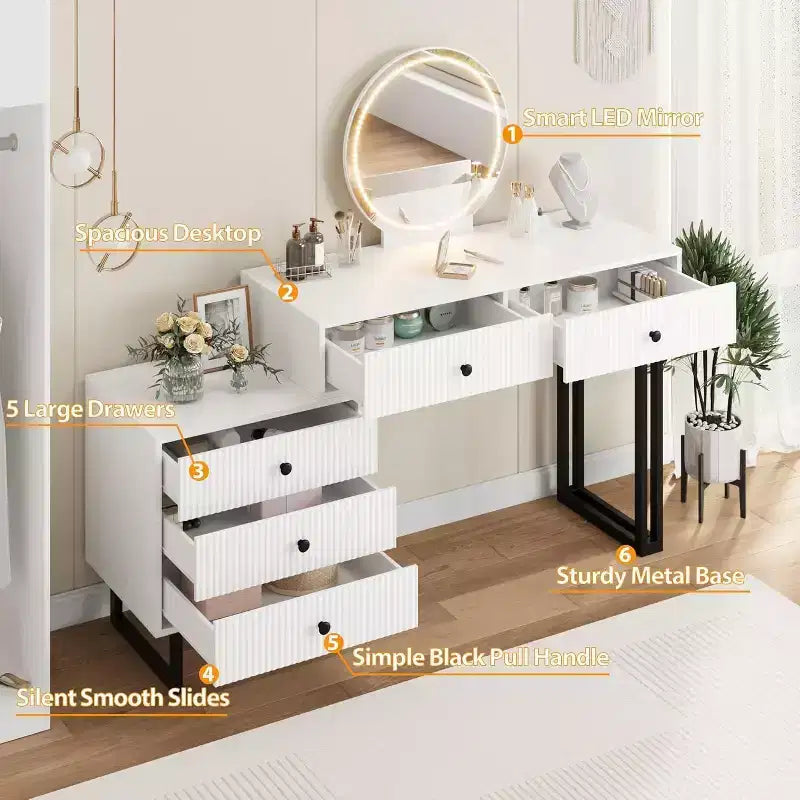 Modern Makeup Vanity Desk with Mirror, Lights & 5 Drawers,Bedroom Vanity Organizer