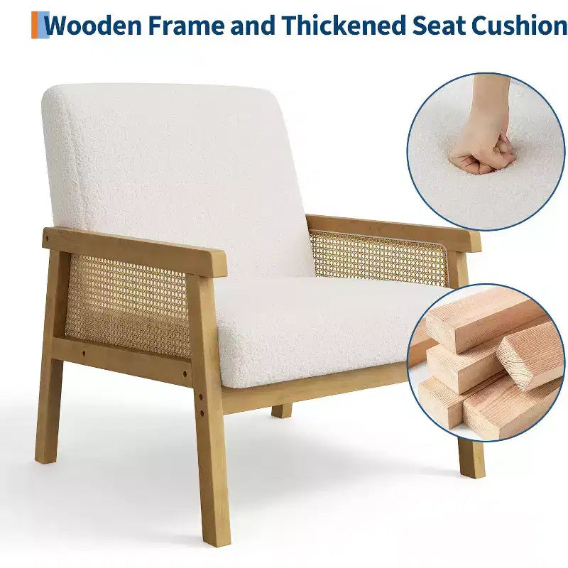 Modern Rattan Accent Chair with High Back Wood Frame, Upholstered Boucle or Faux Leather Armchair for Living Room Bedroom Reception, White Brown