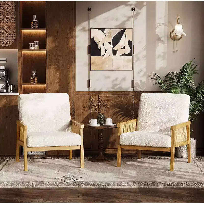Modern Rattan Accent Chair with High Back Wood Frame, Upholstered Boucle or Faux Leather Armchair for Living Room Bedroom Reception, White Brown
