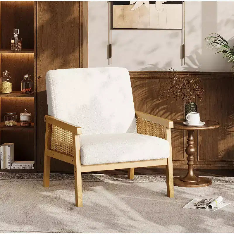Modern Rattan Accent Chair with High Back Wood Frame, Upholstered Boucle or Faux Leather Armchair for Living Room Bedroom Reception, White Brown